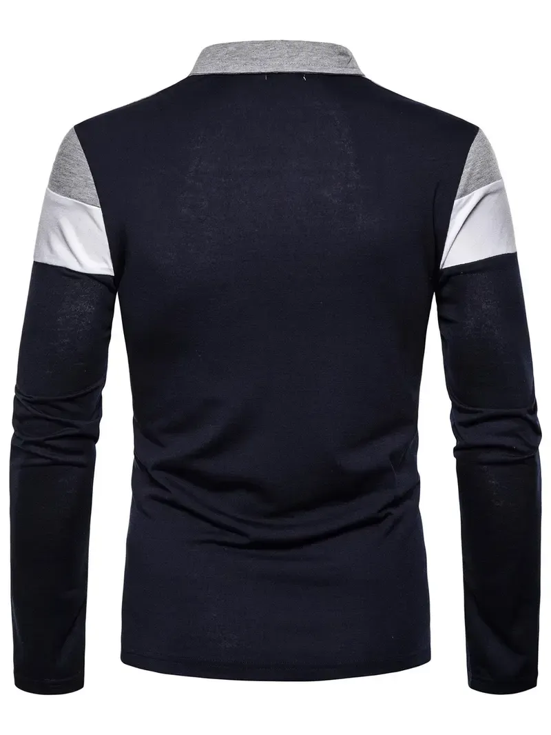 Men's Patchwork Print Long Sleeve Polo Shirt, Polo Style Regular Fit Casual Button Front Collared Top for Fall & Winter, Men's Clothes for Daily Wear, Fabric, Menswear, Casual Polo Shirts, Buttoned Polo Shirt Men's Patchwork Print Long Sleeve Polo Shirt, Polo Style Regular Fit Casual Button Front Collared Top for Fall & Winter, Men's Clothes for Daily Wear, Fabric, Menswear, Casual Polo Shirts, Buttoned Polo Shirt