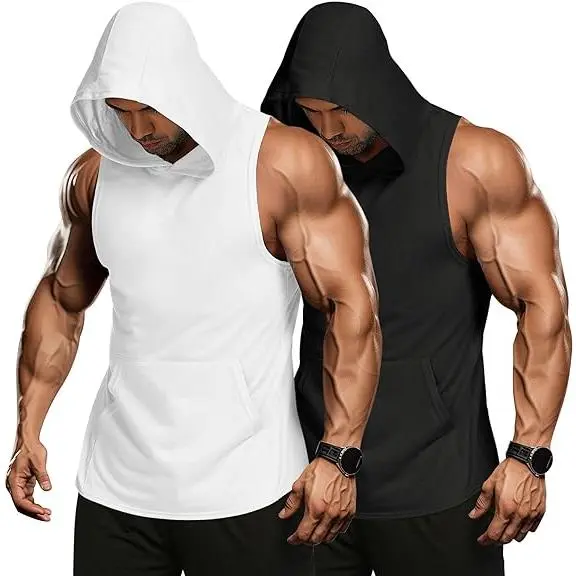 2-Pack Men's Workout Hooded Tank Tops – Sleeveless Muscle Cut Off Gym Hoodies