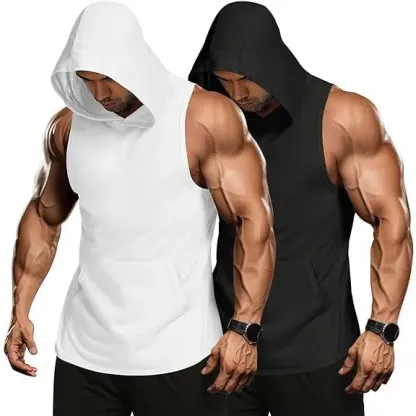 2-Pack Men's Workout Hooded Tank Tops – Sleeveless Muscle Cut Off Gym Hoodies