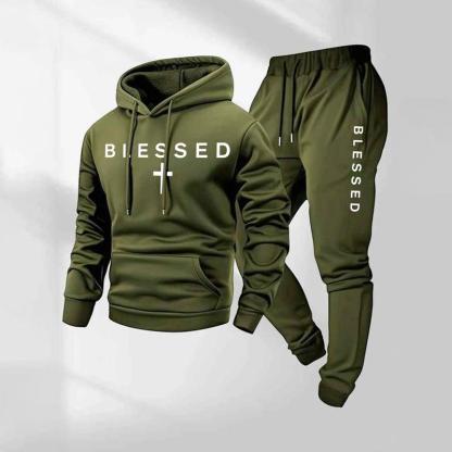 Men's Blessed Cross Letter Pattern Print Hoodie and Drawstring Sweatpants Set