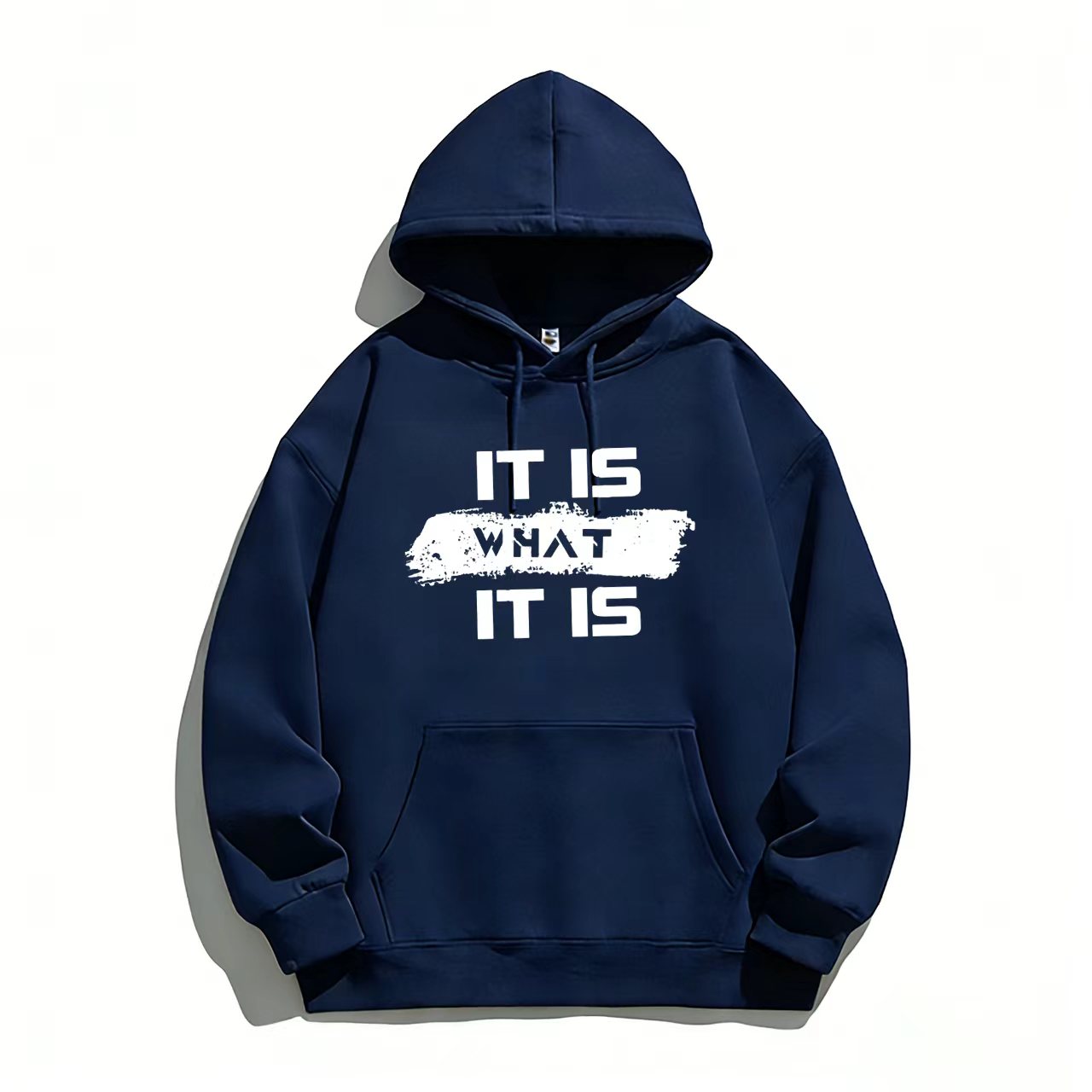 "Men's Black Hoodie with 'IT IS WHAT IT IS' Bold Text Design"