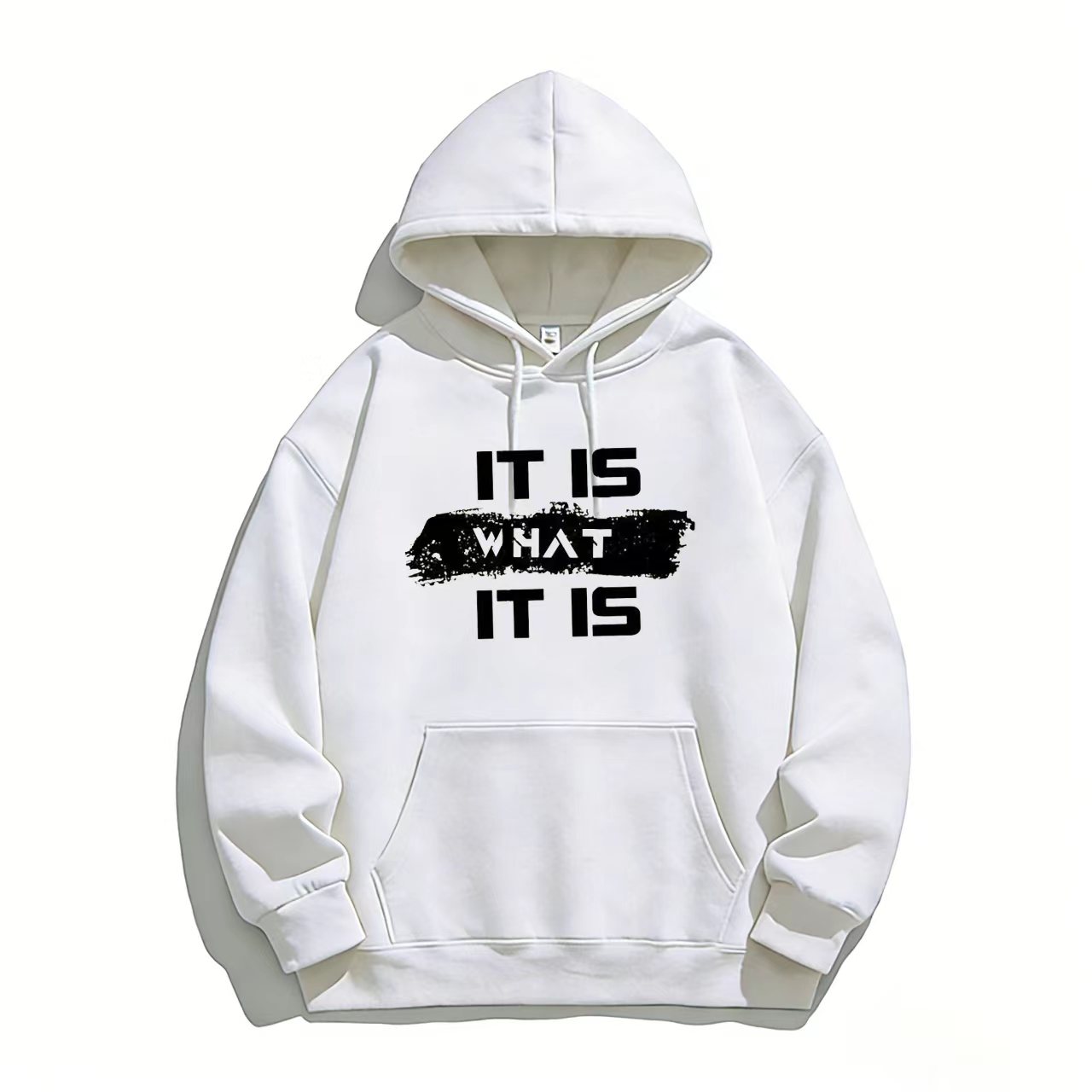 "Men's Black Hoodie with 'IT IS WHAT IT IS' Bold Text Design"