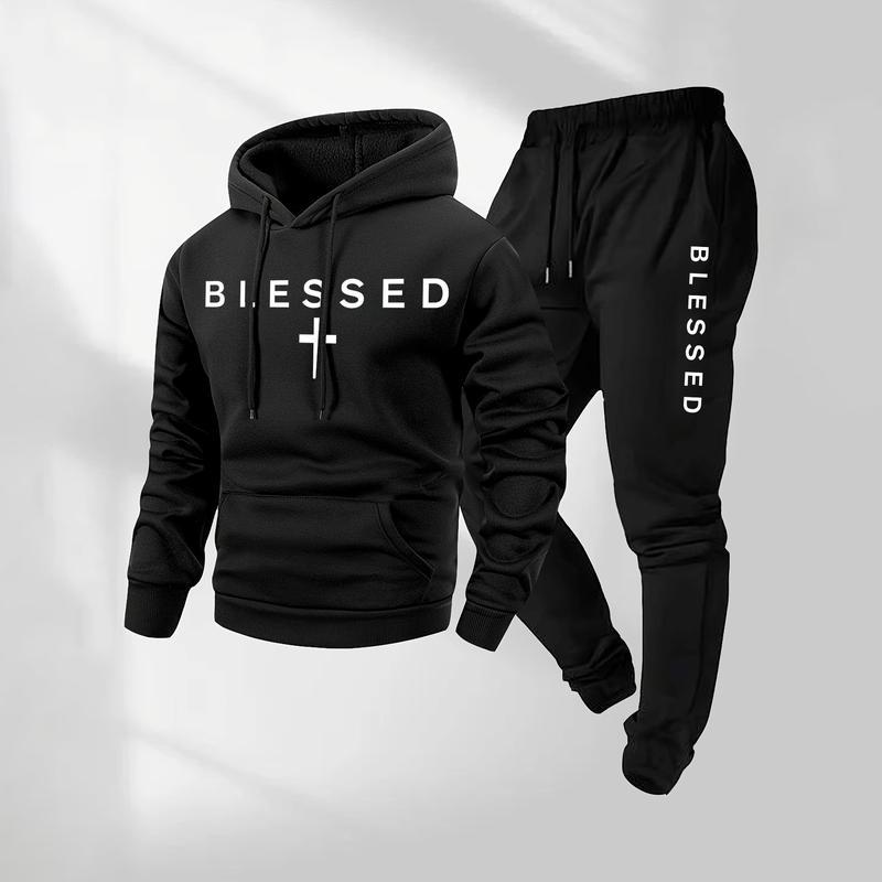 Men's Blessed Cross Letter Pattern Print Hoodie and Drawstring Sweatpa