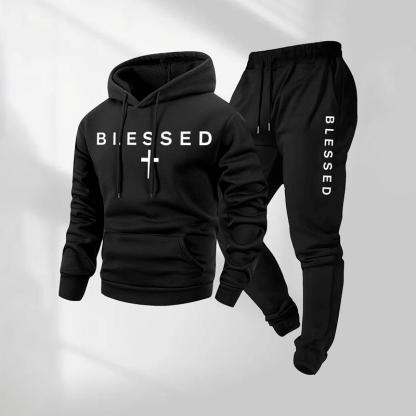 Men's Blessed Cross Letter Pattern Print Hoodie and Drawstring Sweatpants Set