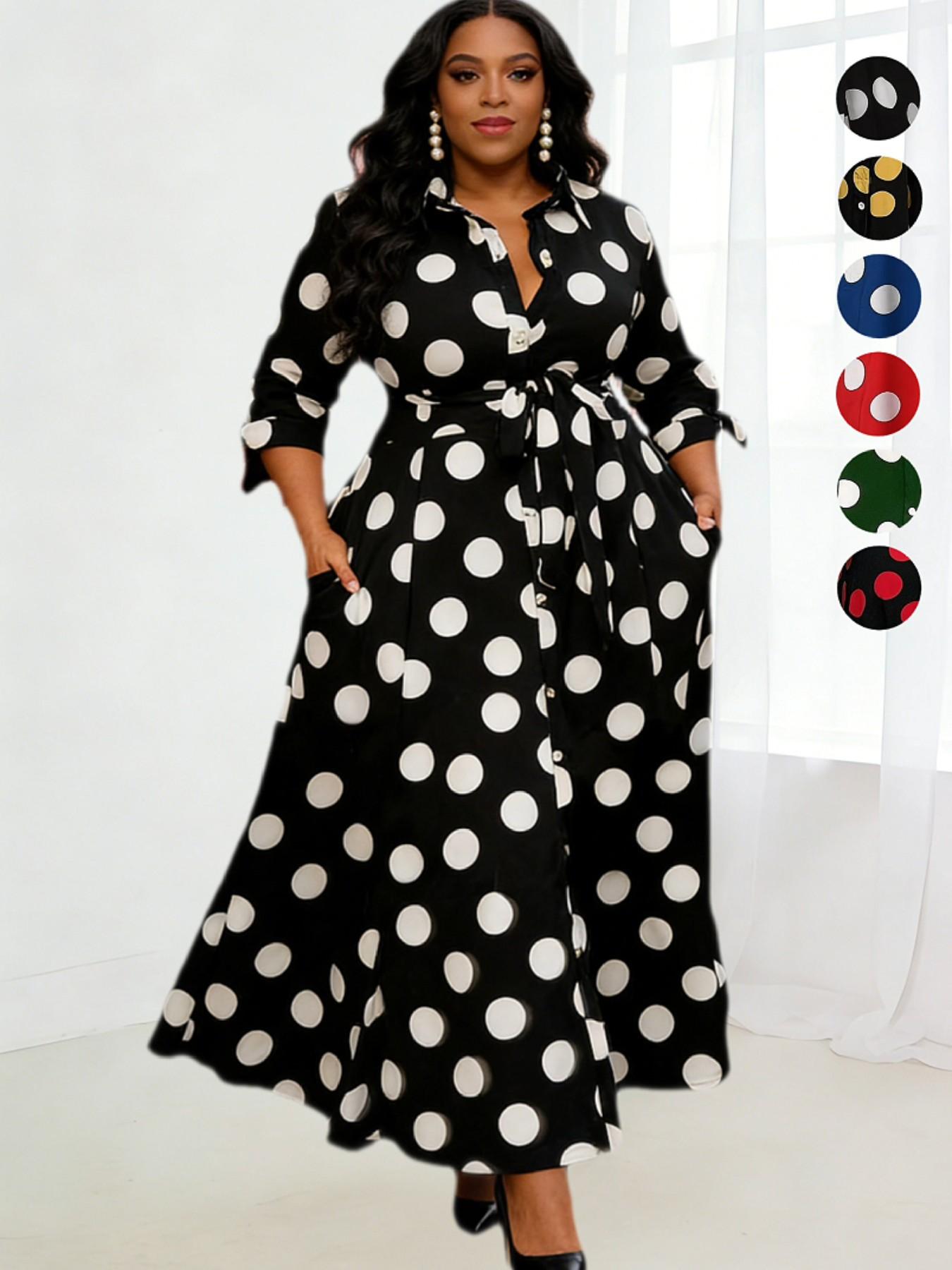 Plus Size Polka Dot Print Belted Button Front Shirt Dress, Elegant 3/4 Sleeve Tie Front High Waist Long Dress for Vacation Holiday Party, Women's Clothes for Summer