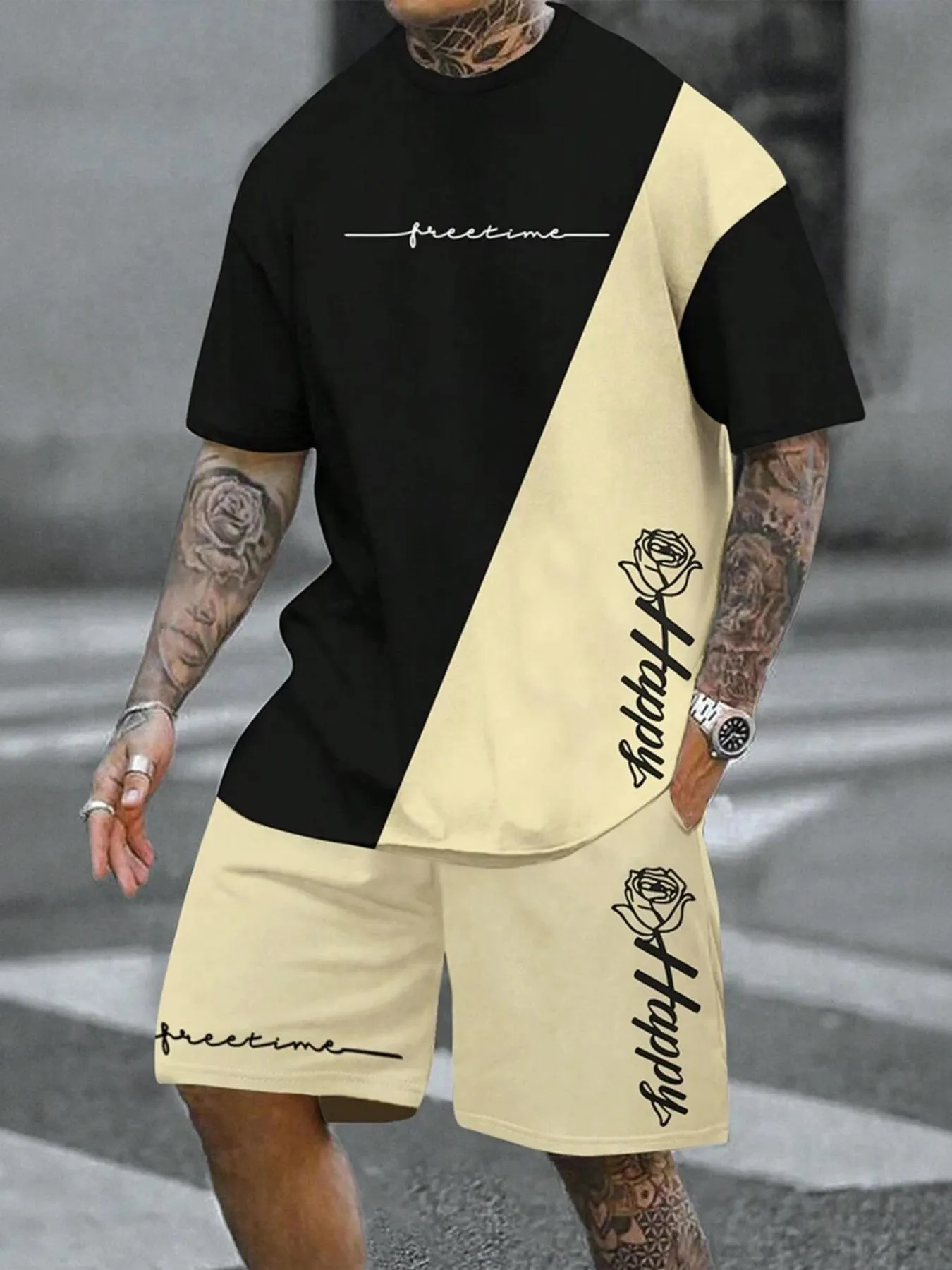 Two-Piece Set Men's Regular Fit Rose & Letter Print Short Sleeve Tee & Drawstring Waist Shorts Set, Casual Round Neck T-shirt & Track Shorts, Men's Summer Clothes, Casual Outfit Set, Matching Sets