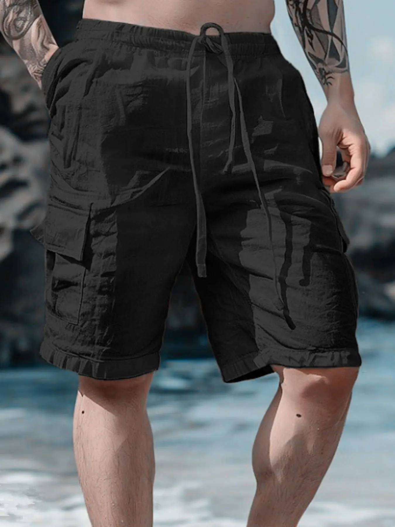 Men's Linen Solid Casual Cargo Shorts, Fashionable Summer Shorts, Raw Hem Shorts, 5" Inseam, Relaxed Fit Mid-Rise Straight Leg, Multi-Pocket, Elastic Drawstring Waist, Breathable Lightweight, Summer Daily Wear, Today's Clearance