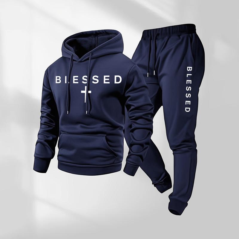 Men's Blessed Cross Letter Pattern Print Hoodie and Drawstring Sweatpants Set
