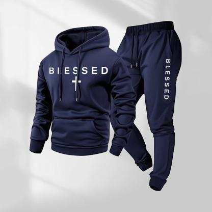 Men's Blessed Cross Letter Pattern Print Hoodie and Drawstring Sweatpants Set