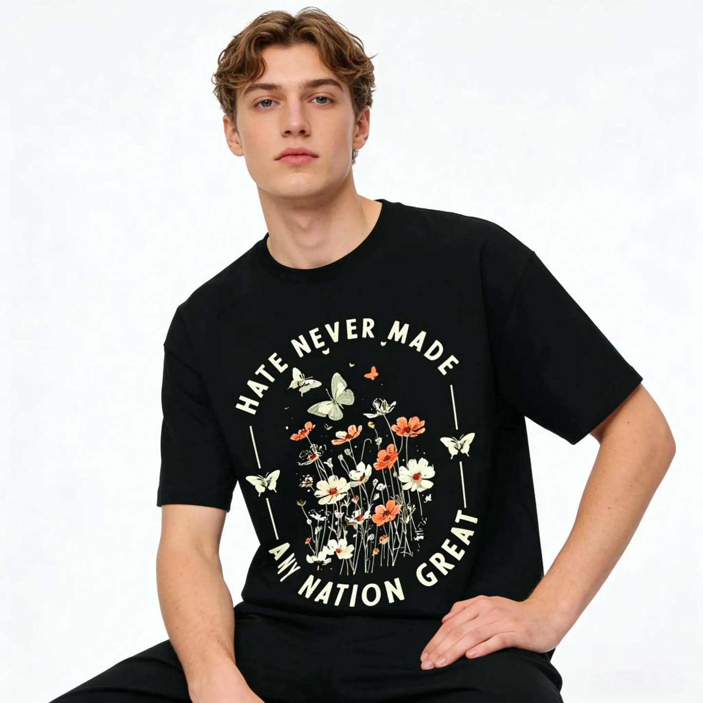 Hate Never Made Any Nation Great Peace Floral Organic Cotton Unisex T-