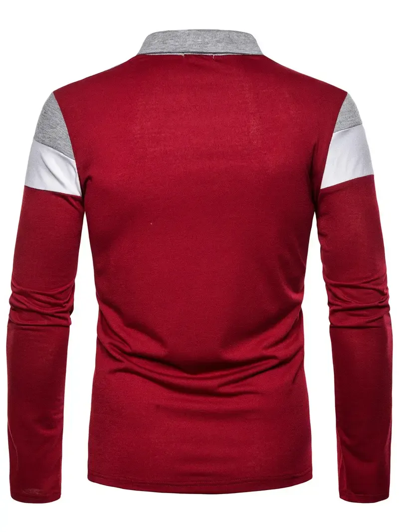 Men's Patchwork Print Long Sleeve Polo Shirt, Polo Style Regular Fit Casual Button Front Collared Top for Fall & Winter, Men's Clothes for Daily Wear, Fabric, Menswear, Casual Polo Shirts, Buttoned Polo Shirt Men's Patchwork Print Long Sleeve Polo Shirt, Polo Style Regular Fit Casual Button Front Collared Top for Fall & Winter, Men's Clothes for Daily Wear, Fabric, Menswear, Casual Polo Shirts, Buttoned Polo Shirt