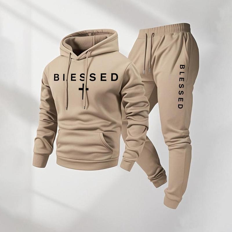 Men's Blessed Cross Letter Pattern Print Hoodie and Drawstring Sweatpants Set