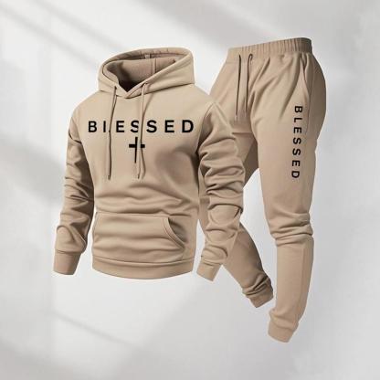 Men's Blessed Cross Letter Pattern Print Hoodie and Drawstring Sweatpants Set