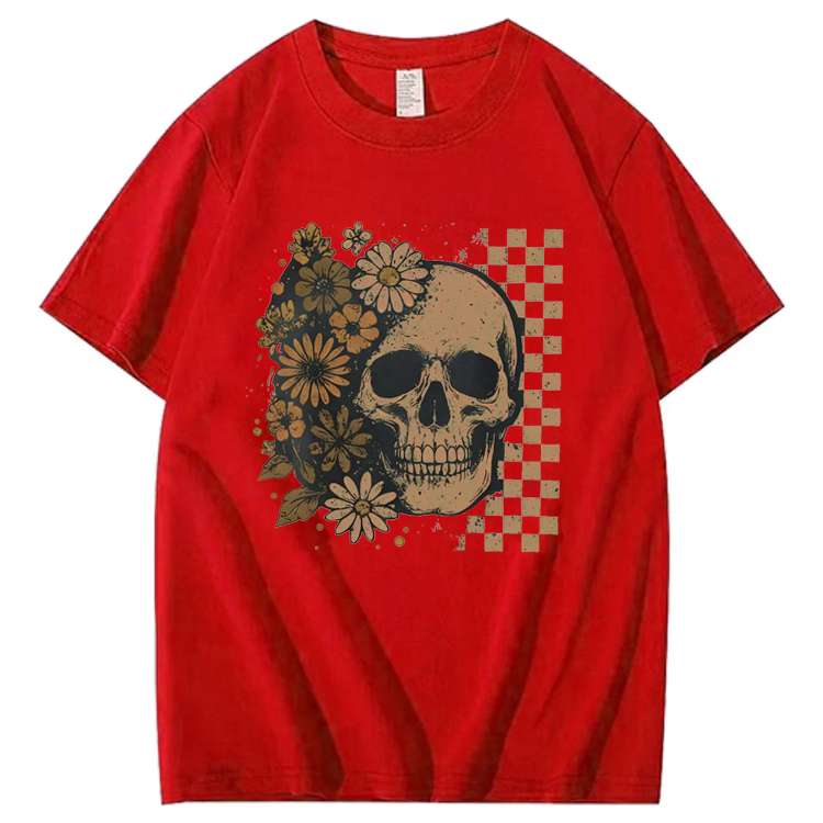 Women's Soft Summer T-Shirt Skull Graphic Tee, Cute Spooky Halloween Tee