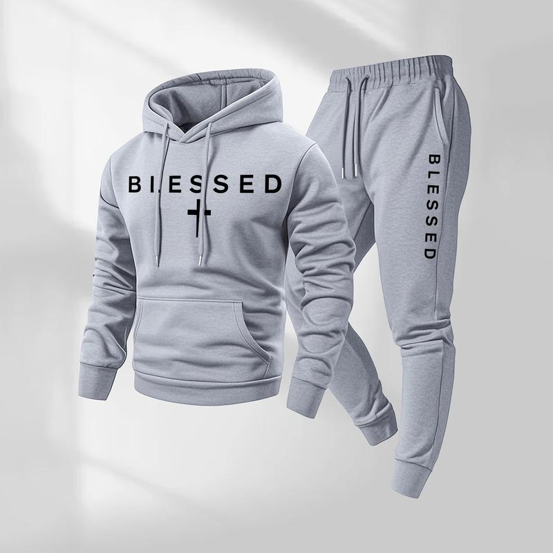 Men's Blessed Cross Letter Pattern Print Hoodie and Drawstring Sweatpants Set