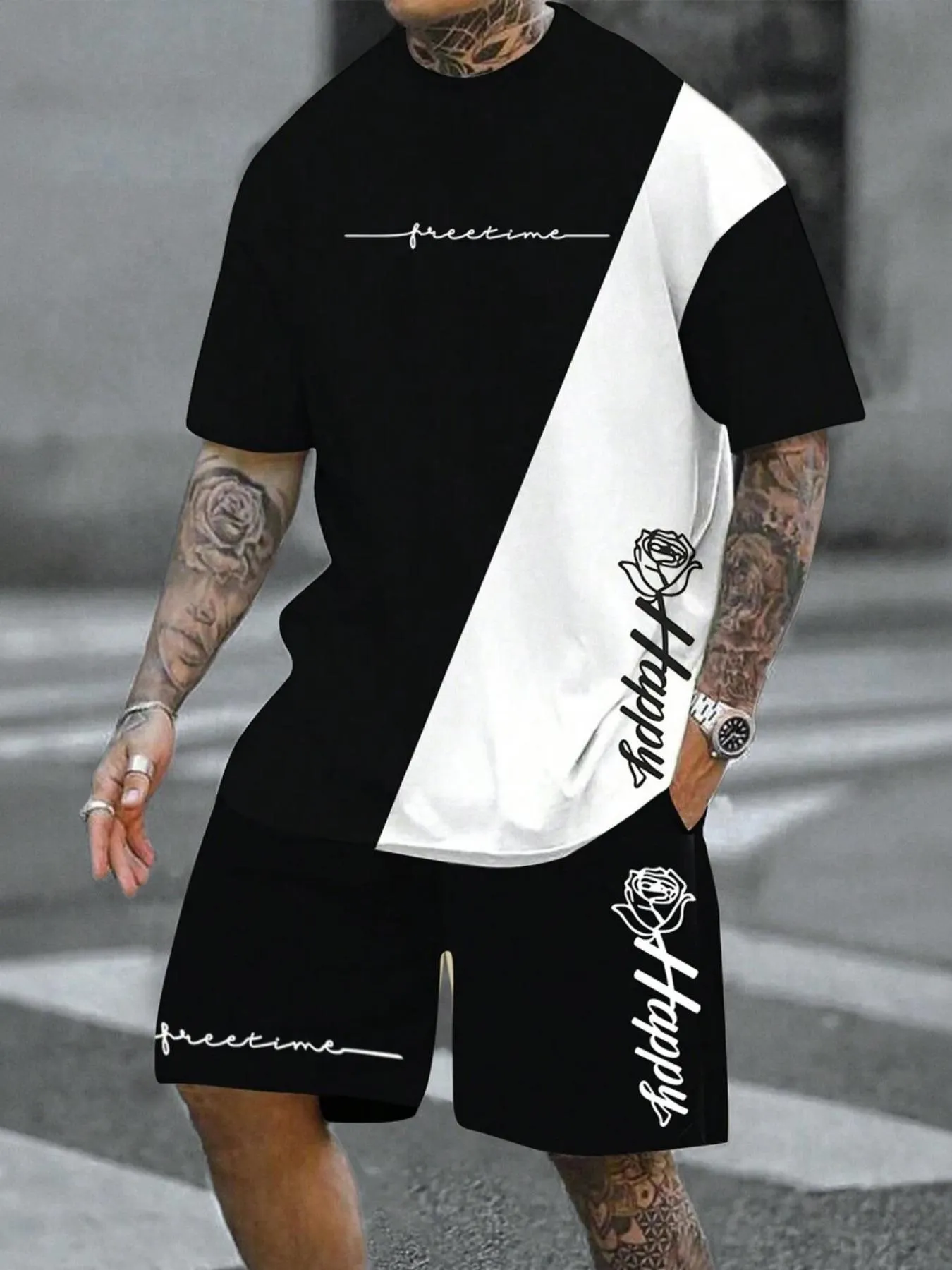 Two-Piece Set Men's Regular Fit Rose & Letter Print Short Sleeve Tee & Drawstring Waist Shorts Set, Casual Round Neck T-shirt & Track Shorts, Men's Summer Clothes, Casual Outfit Set, Matching Sets