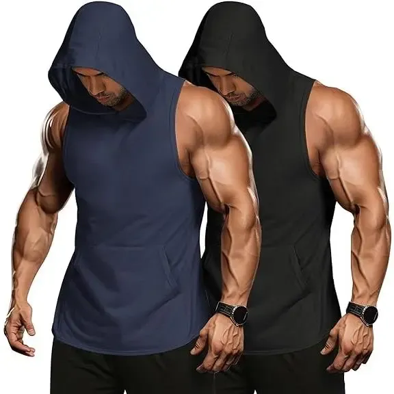 2-Pack Men's Workout Hooded Tank Tops – Sleeveless Muscle Cut Off Gym Hoodies