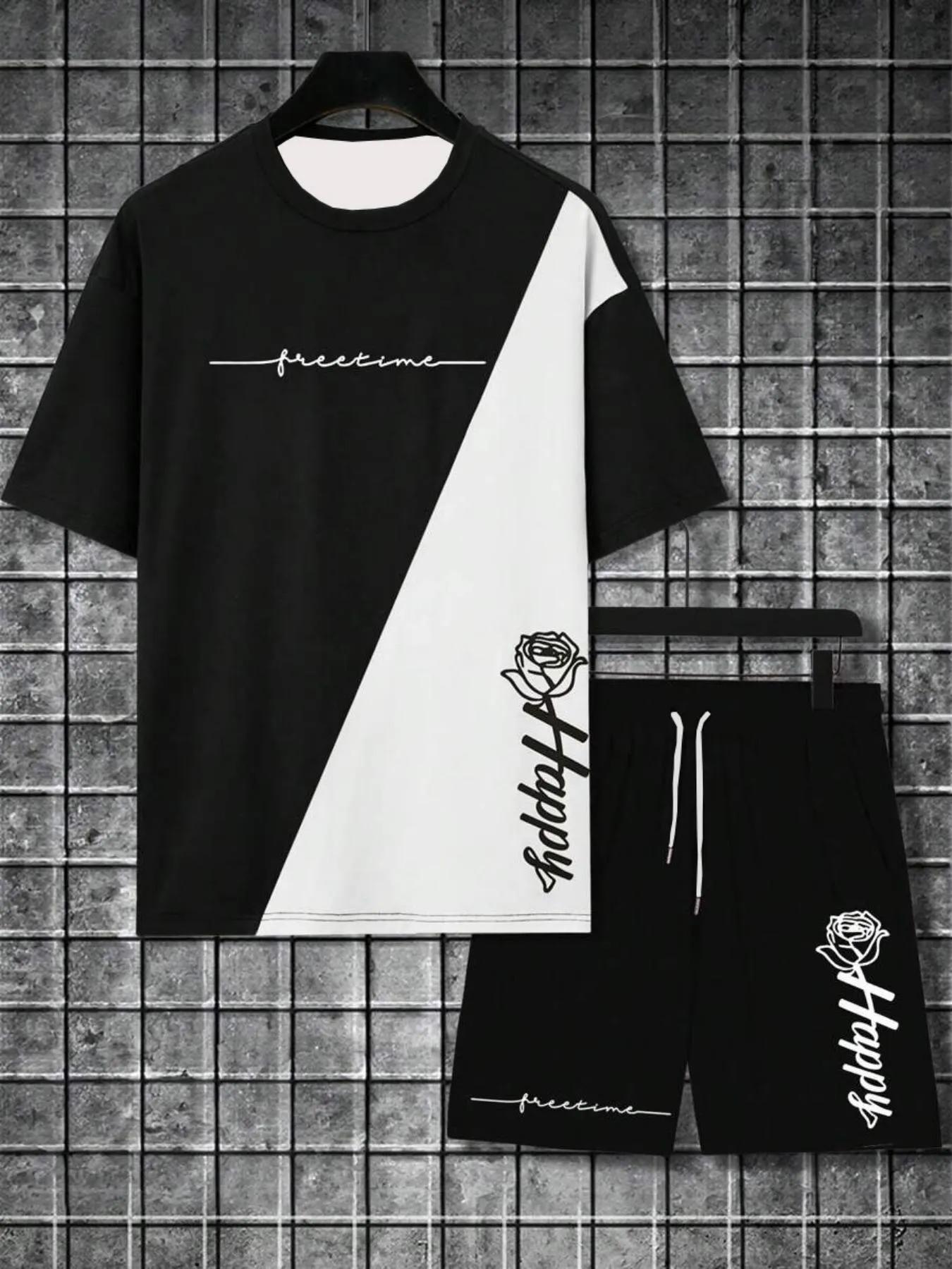 Two-Piece Set Men's Regular Fit Rose & Letter Print Short Sleeve Tee & Drawstring Waist Shorts Set, Casual Round Neck T-shirt & Track Shorts, Men's Summer Clothes, Casual Outfit Set, Matching Sets