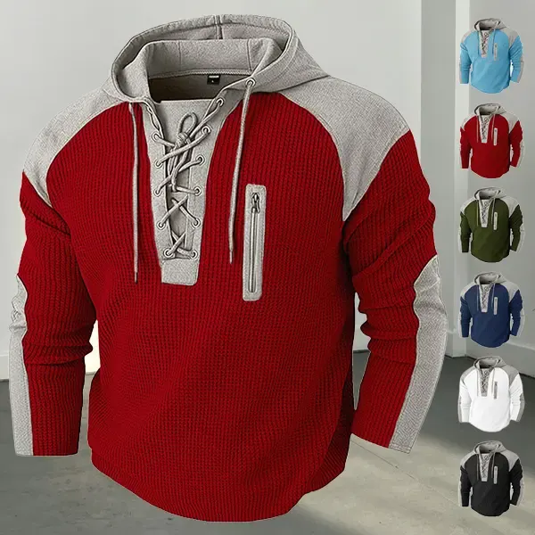 Menswear Men's Stylish Color-Block Hooded Sweatshirt - Zip-Front Closure, Drawstring, Casual Loose Fit