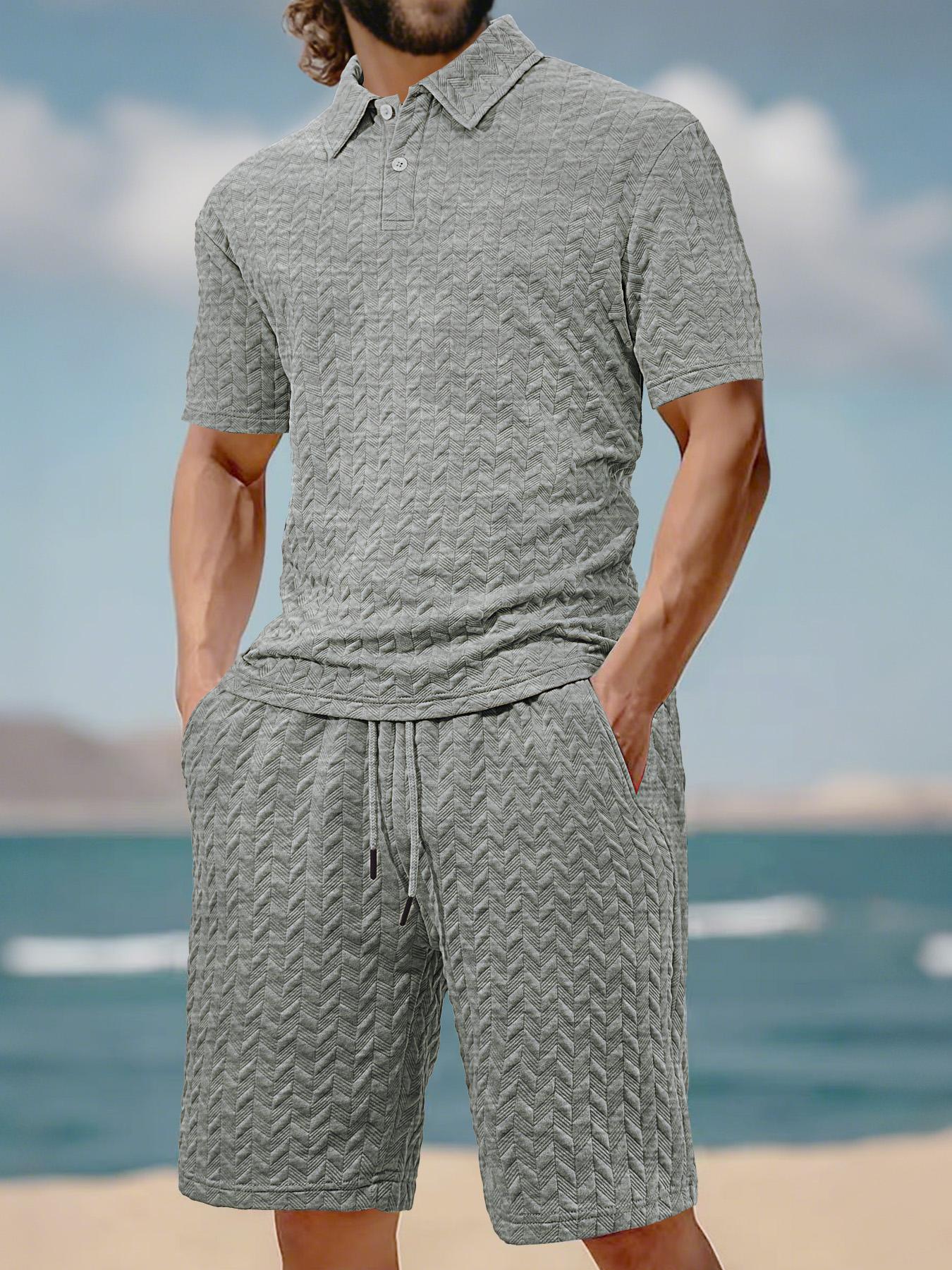 Men's Solid Polo Shirt & Drawstring Waist Shorts Set, Cozy Breathable Casual Two-piece Outfits for Daily Outdoor Wear, Men Clothes for Summer