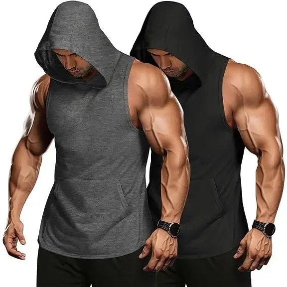 2-Pack Men's Workout Hooded Tank Tops – Sleeveless Muscle Cut Off Gym Hoodies