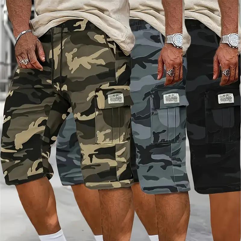 Camouflage Twill Pocket Shorts Three-Piece Set Men's Casual Khaki Green Black Trousers Suitable For Daily Wear Outfit Menswear mens shorts shorts for summer essential shorts bop shorts Breathable Drawstring Shorts streetwear sport
