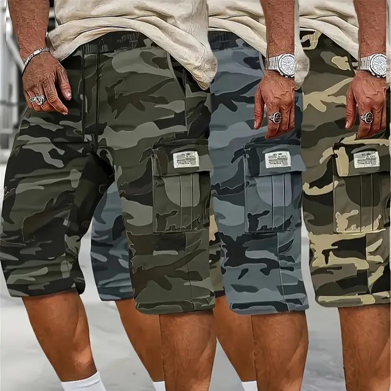 Camouflage Twill Pocket Shorts Three-Piece Set Men's Casual Khaki Green Black Trousers Suitable For Daily Wear Outfit Menswear mens shorts shorts for summer essential shorts bop shorts Breathable Drawstring Shorts streetwear sport