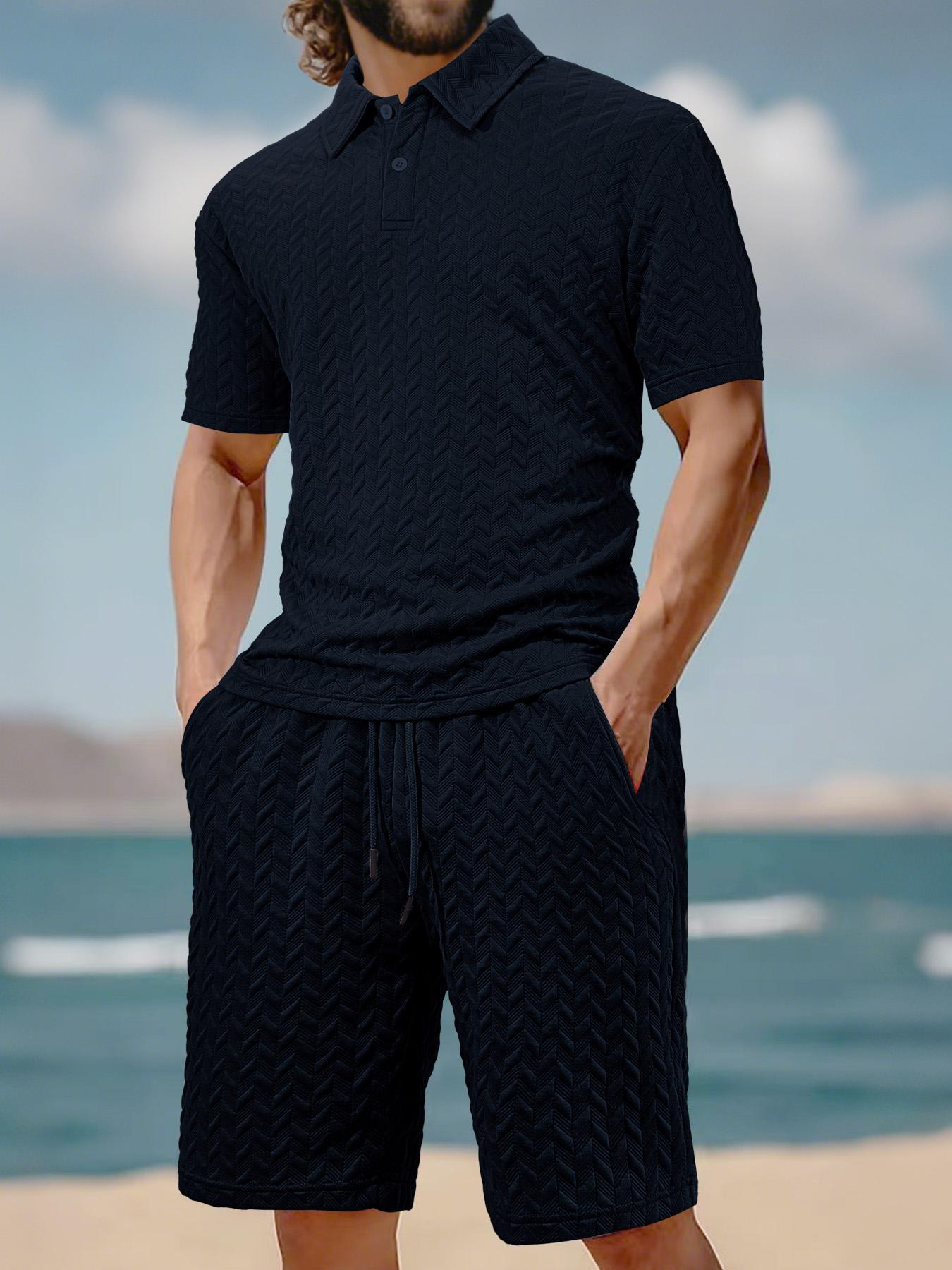 Men's Solid Polo Shirt & Drawstring Waist Shorts Set, Cozy Breathable Casual Two-piece Outfits for Daily Outdoor Wear, Men Clothes for Summer