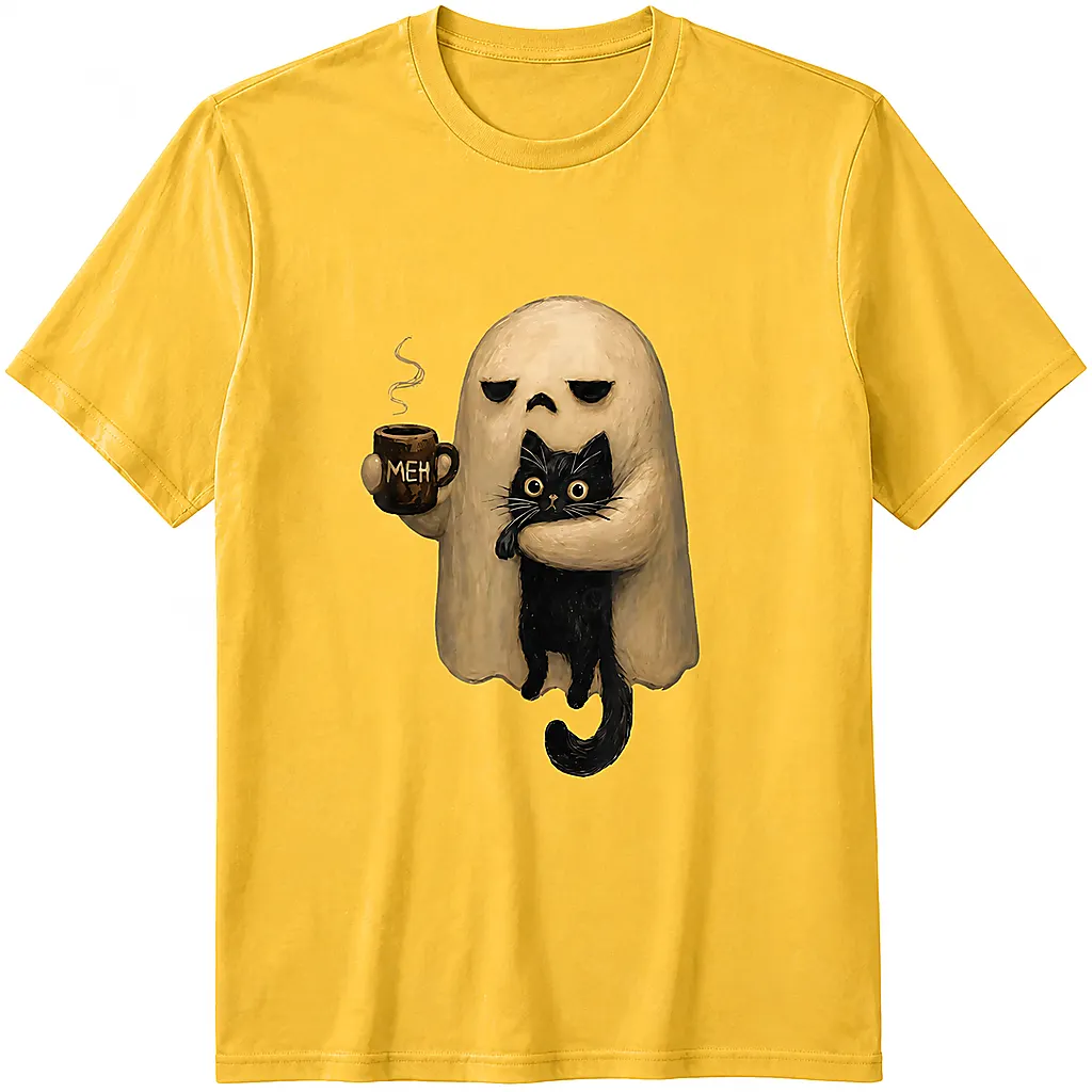 Halloween Ghost Holding Black Cat Coffee Lover Funny 100% Cotton T-Shirt