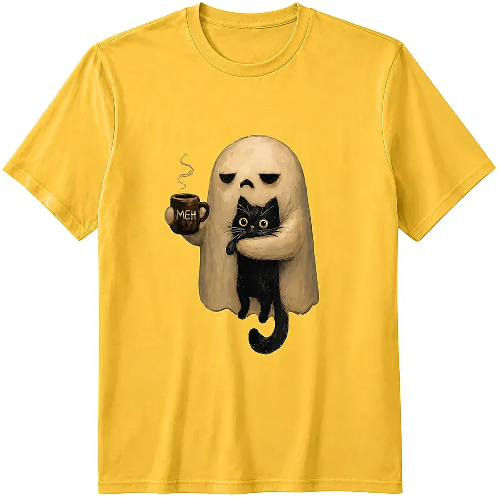 Halloween Ghost Holding Black Cat Coffee Lover Funny 100% Cotton T-Shirt