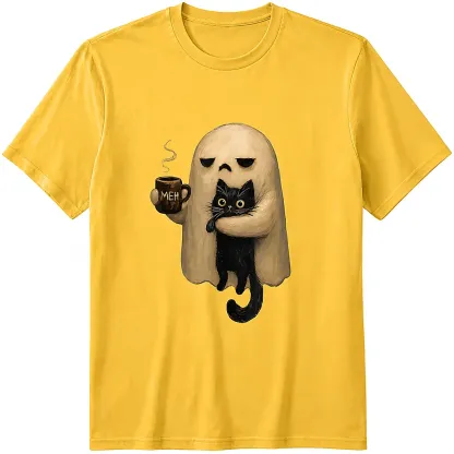 Halloween Ghost Holding Black Cat Coffee Lover Funny 100% Cotton T-Shirt