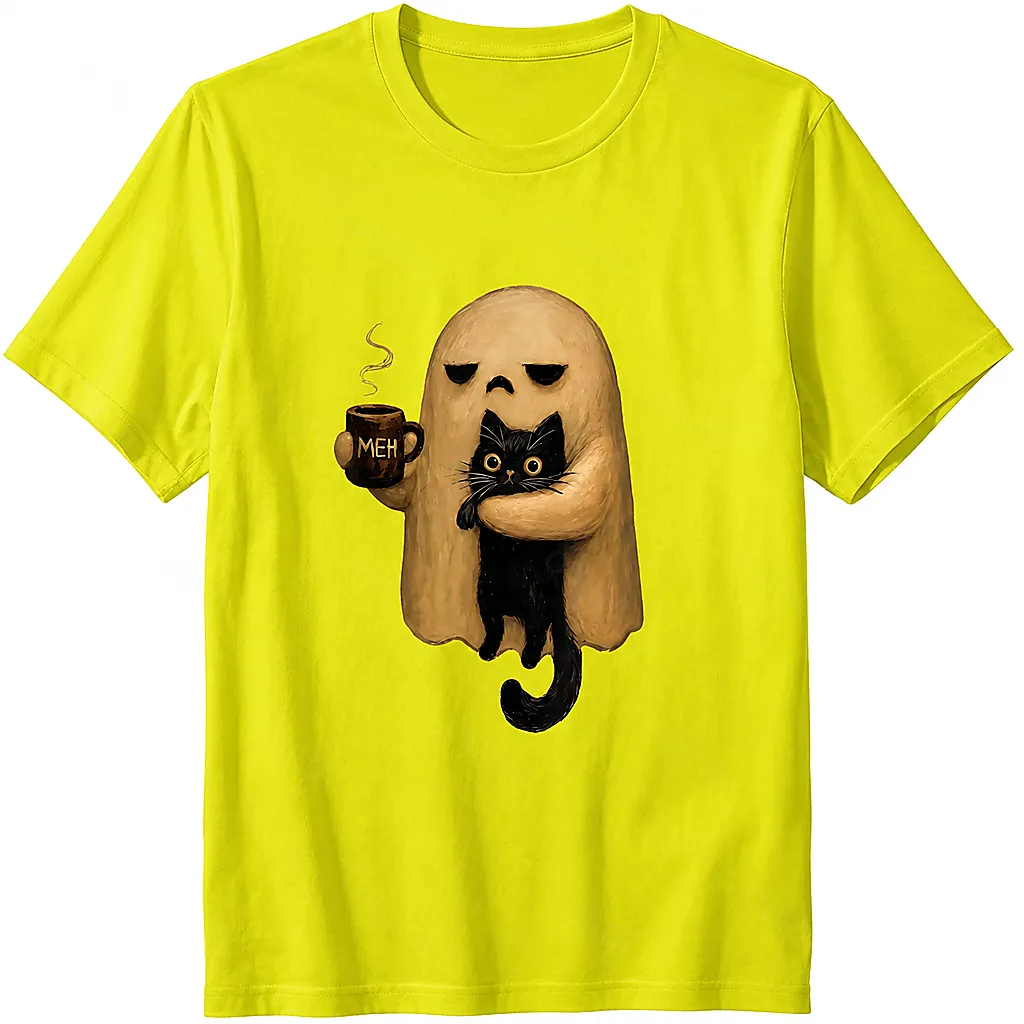 Halloween Ghost Holding Black Cat Coffee Lover Funny 100% Cotton T-Shirt
