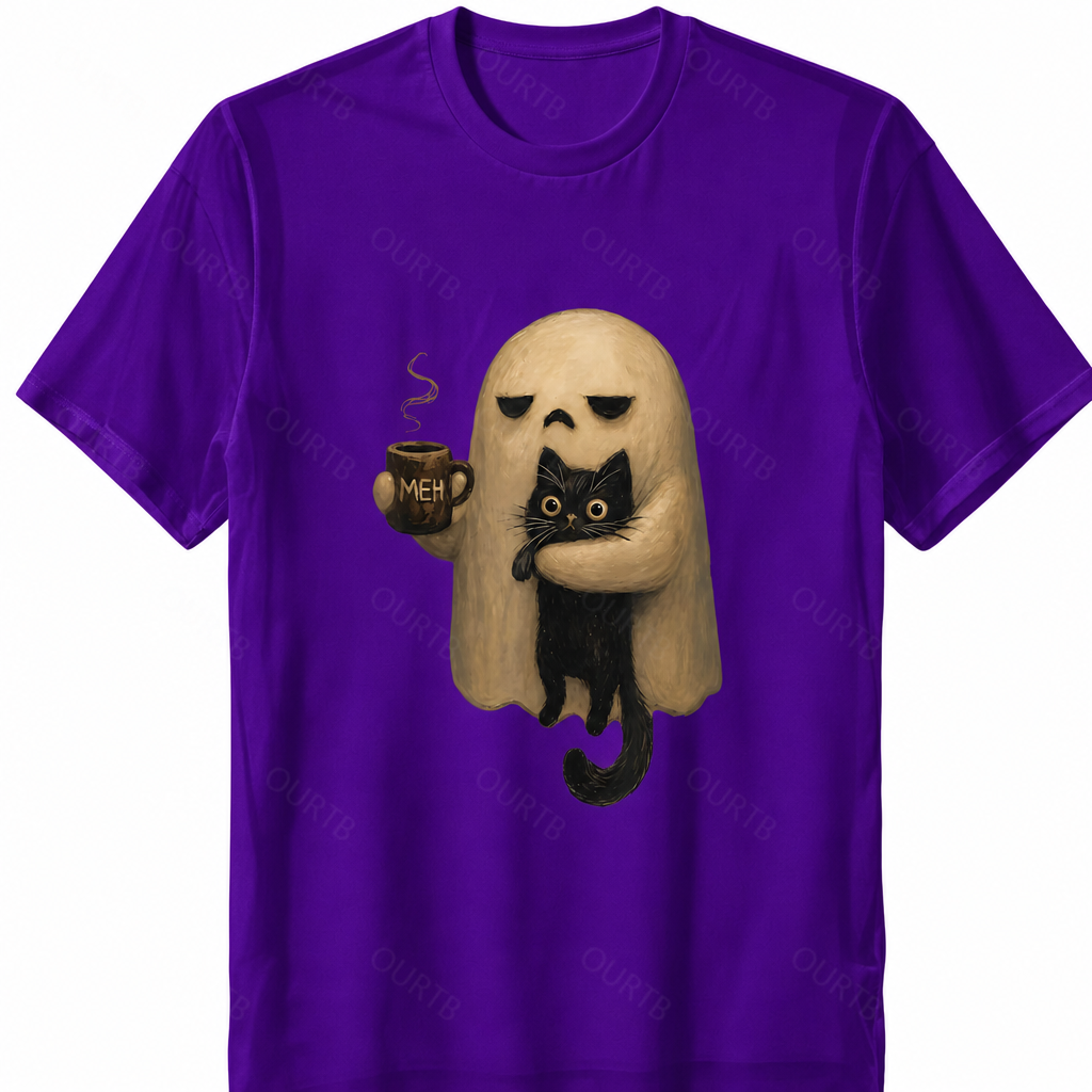 Halloween Ghost Holding Black Cat Coffee Lover Funny 100% Cotton T-Shirt