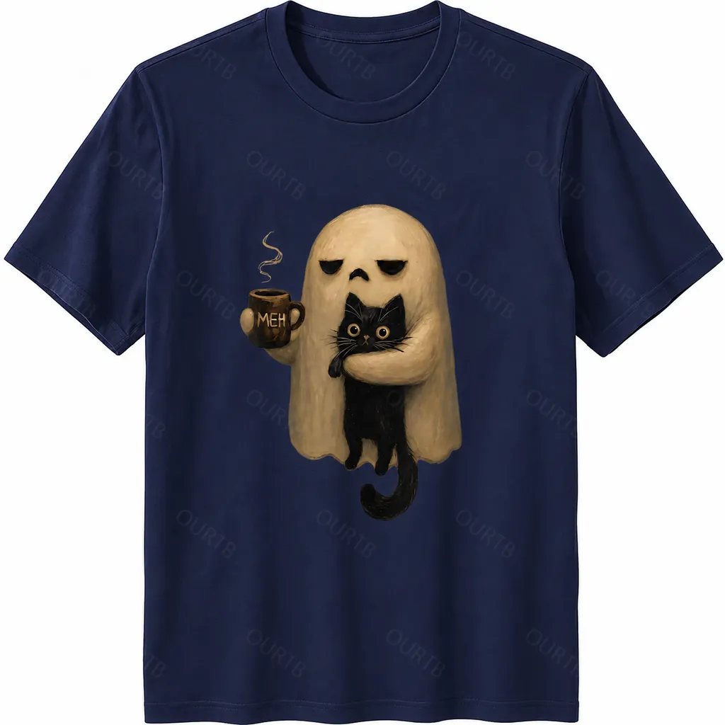 Halloween Ghost Holding Black Cat Coffee Lover Funny 100% Cotton T-Shirt