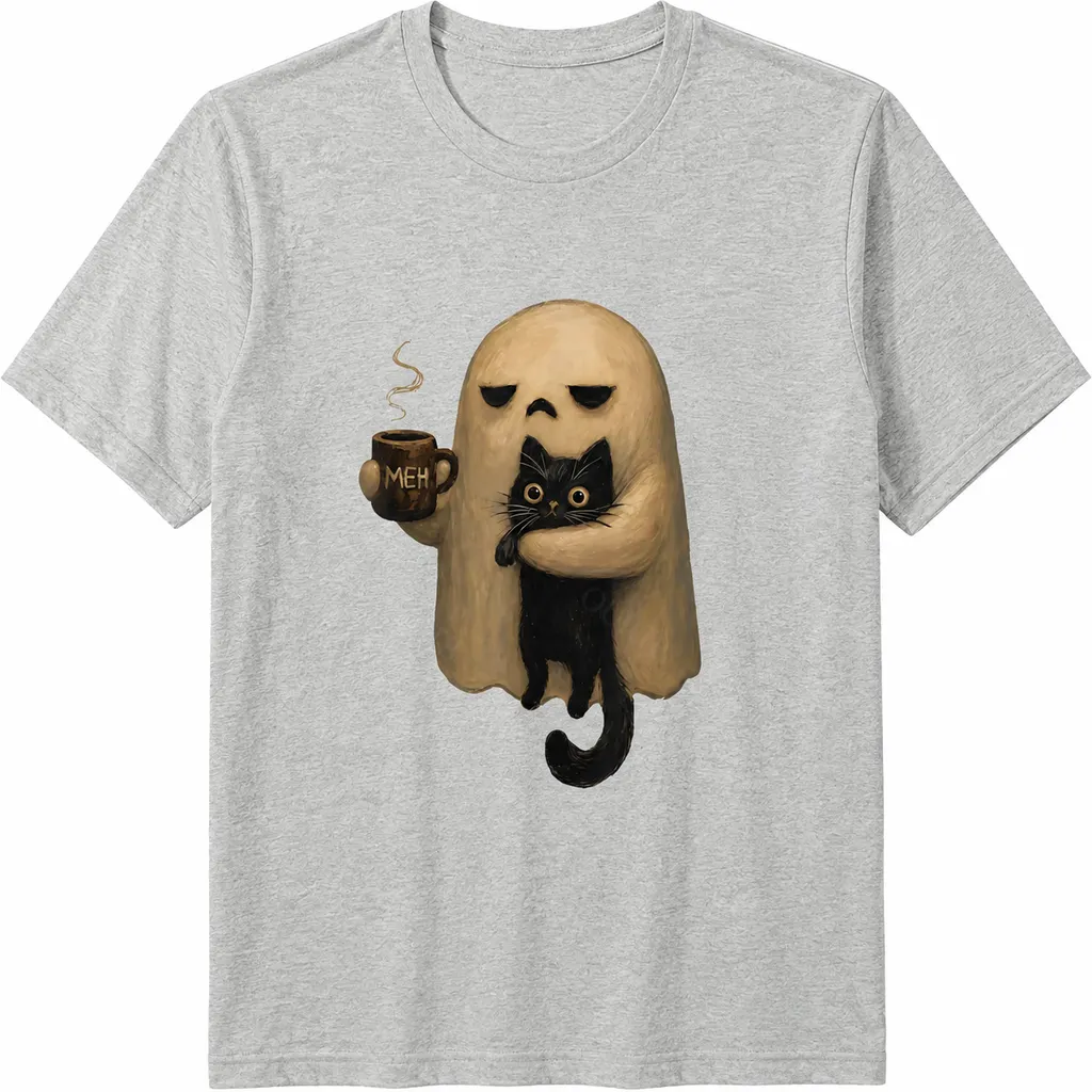 Halloween Ghost Holding Black Cat Coffee Lover Funny 100% Cotton T-Shirt