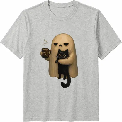 Halloween Ghost Holding Black Cat Coffee Lover Funny 100% Cotton T-Shirt