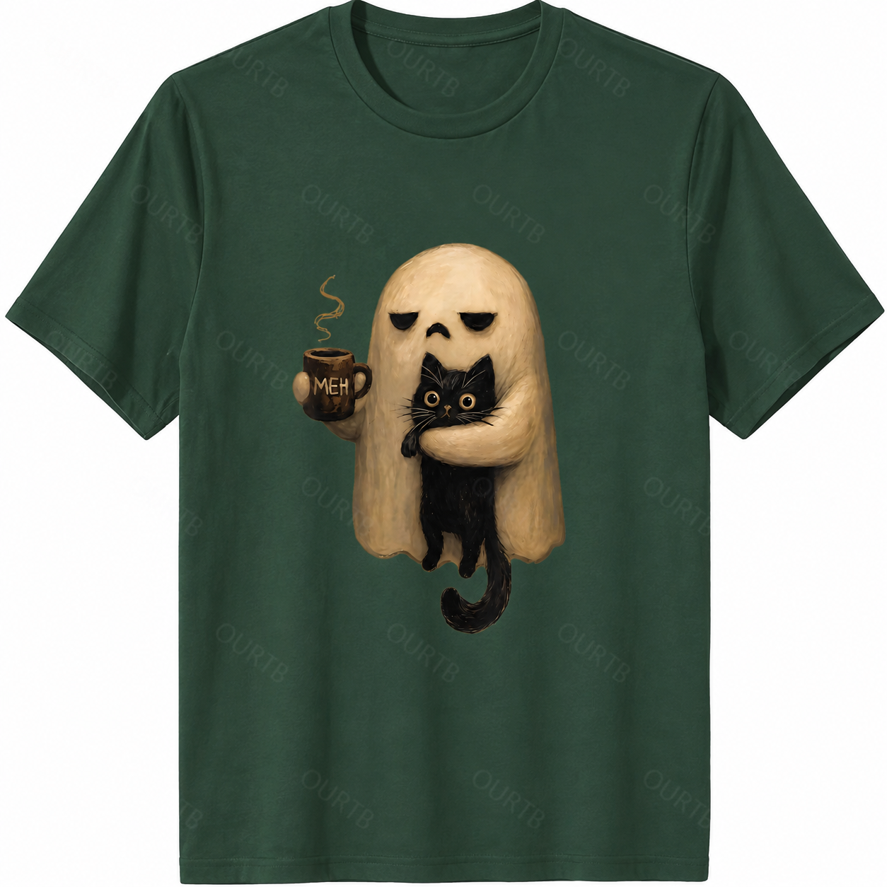 Halloween Ghost Holding Black Cat Coffee Lover Funny 100% Cotton T-Shirt