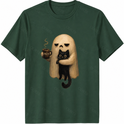 Halloween Ghost Holding Black Cat Coffee Lover Funny 100% Cotton T-Shirt