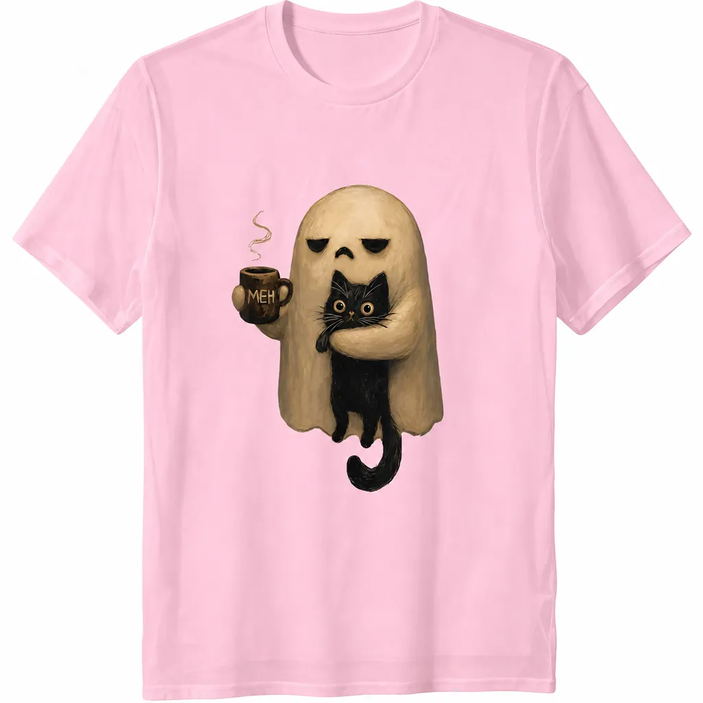 Halloween Ghost Holding Black Cat Coffee Lover Funny 100% Cotton T-Shirt
