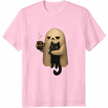 Halloween Ghost Holding Black Cat Coffee Lover Funny 100% Cotton T-Shirt