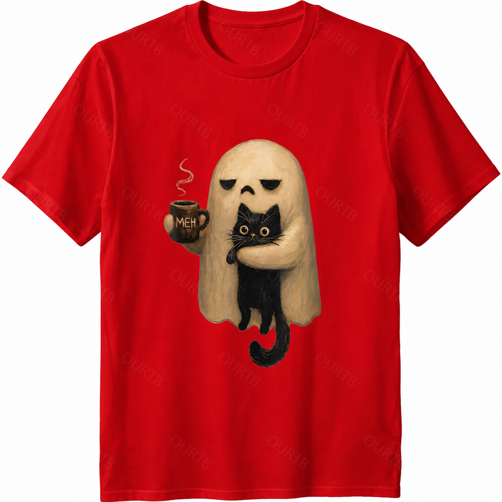 Halloween Ghost Holding Black Cat Coffee Lover Funny 100% Cotton T-Shirt