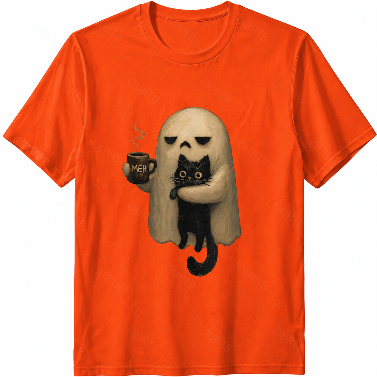 Halloween Ghost Holding Black Cat Coffee Lover Funny 100% Cotton T-Shirt