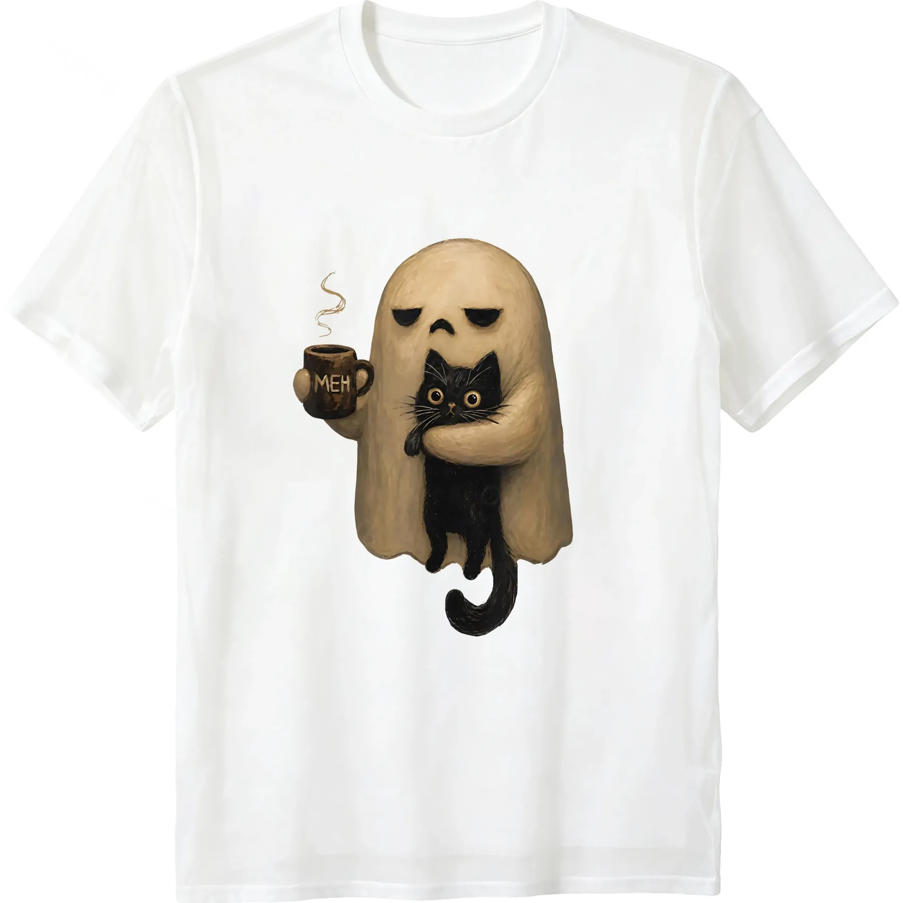 Halloween Ghost Holding Black Cat Coffee Lover Funny 100% Cotton T-Shirt