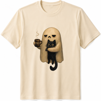 Halloween Ghost Holding Black Cat Coffee Lover Funny 100% Cotton T-Shirt