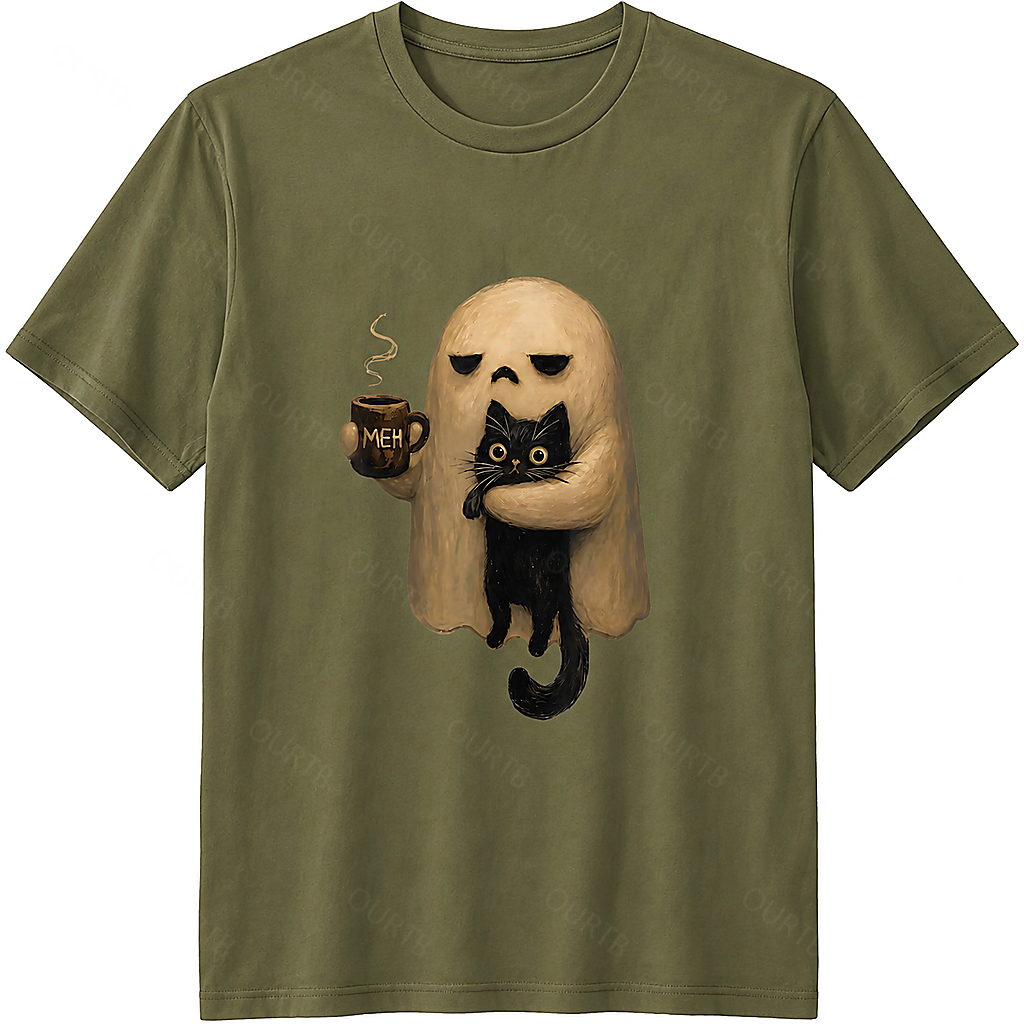 Halloween Ghost Holding Black Cat Coffee Lover Funny 100% Cotton T-Shirt