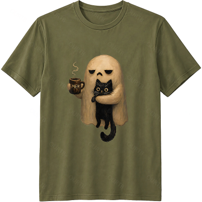 Halloween Ghost Holding Black Cat Coffee Lover Funny 100% Cotton T-Shirt