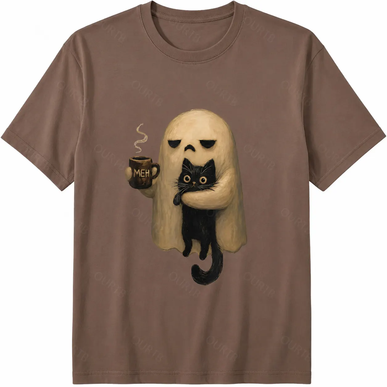 Halloween Ghost Holding Black Cat Coffee Lover Funny 100% Cotton T-Shirt