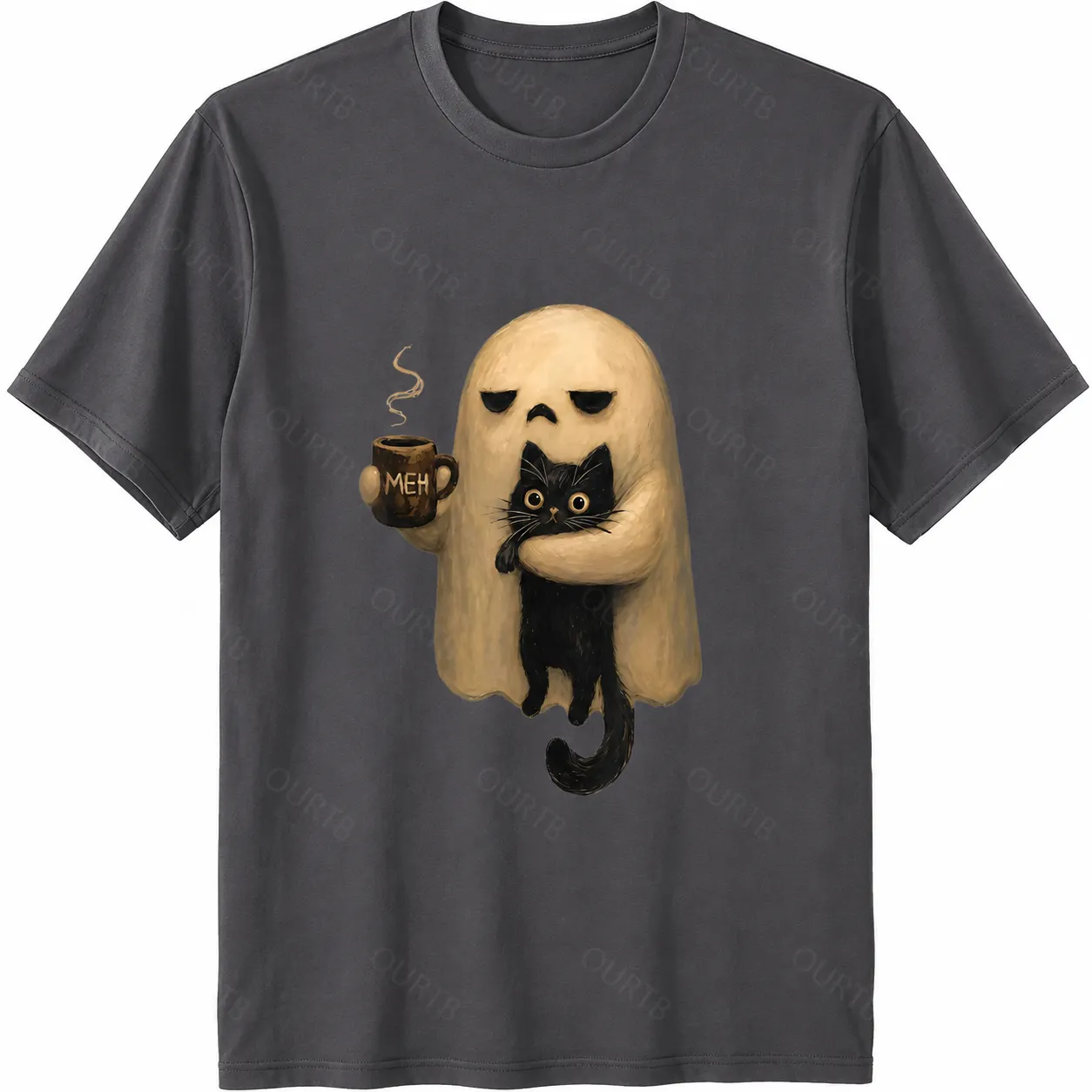 Halloween Ghost Holding Black Cat Coffee Lover Funny 100% Cotton T-Shirt
