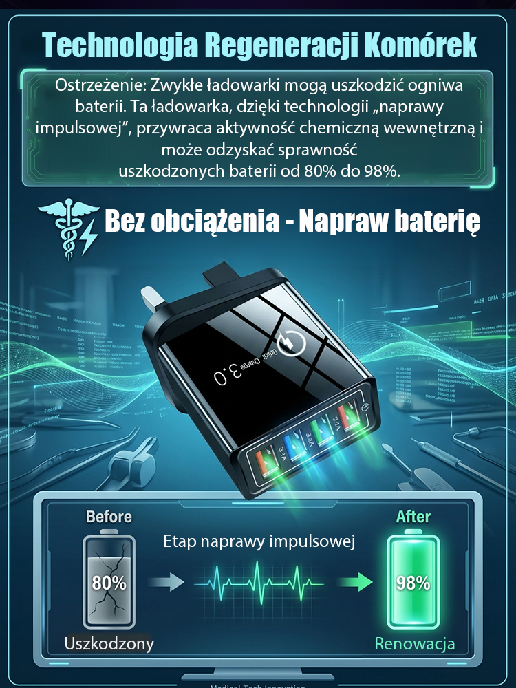 【Zvýšení výdrž mobilního telefonu】Cestovní nabíječka se čtyřmi porty⚡Nabíjí až 10× rychleji než běžné nabíječky  🔋Dejte sbohem sekání a přehřívání telefonu.   ✅ Kompatibilní se všemi zařízeními iPhone a Android. 100% záruka vrácení peněz.