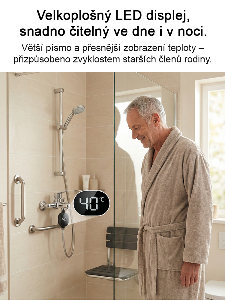 Inteligentní vodotěsný teplotní displej pro sprchovou hlavici ?Teplá voda bez elektřiny a plynu!